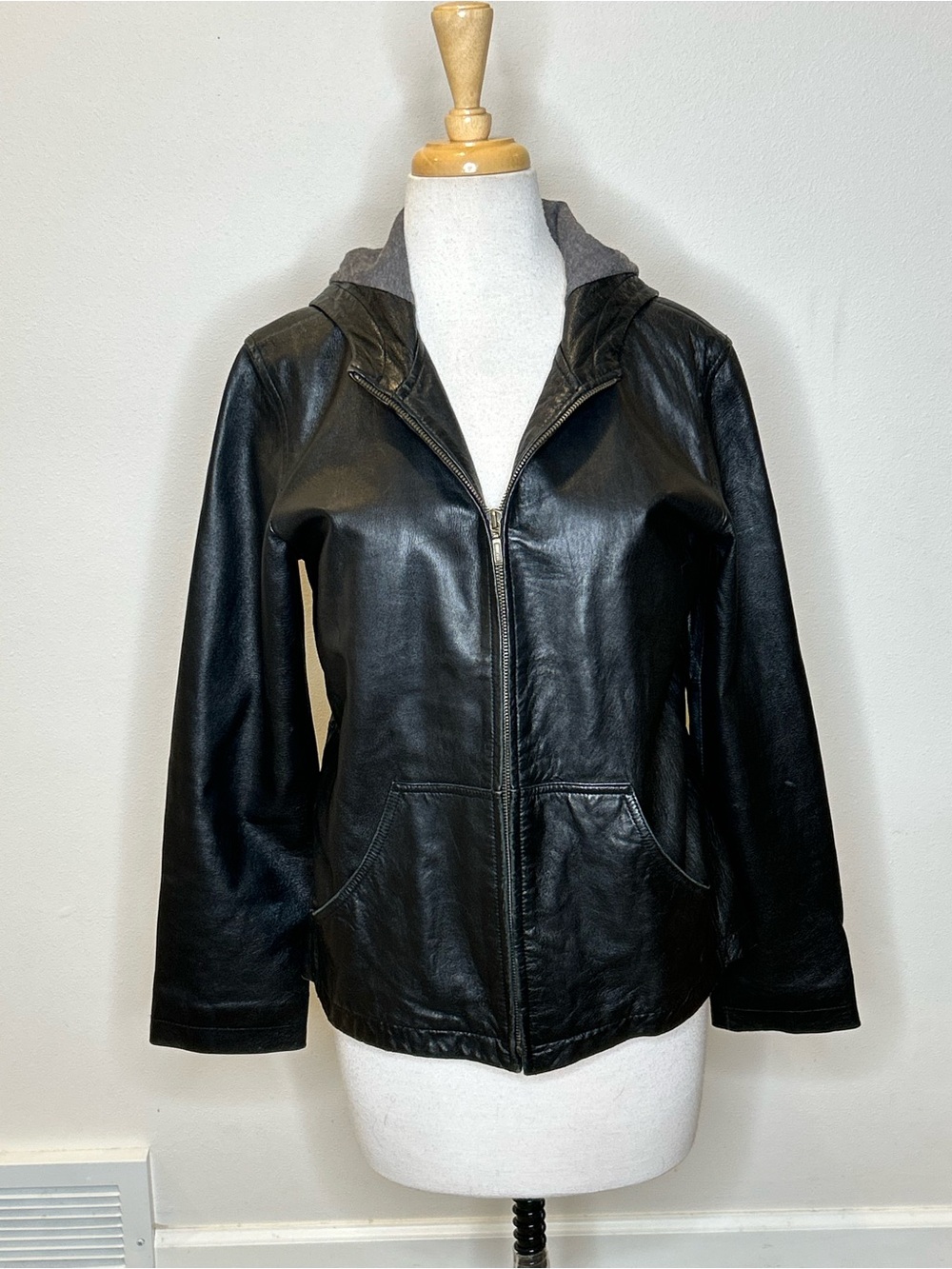 Vintage GAP Black Leather Zip-Up Jacket Hooded, lined Women's M